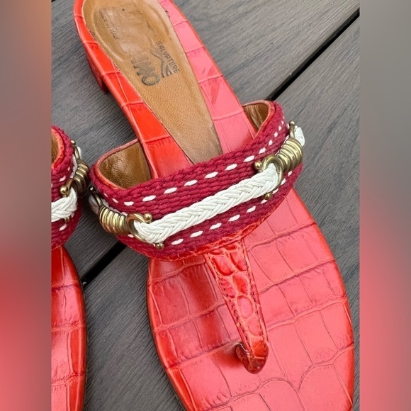 Salvatore Ferragamo red orange T strap rope crock embossed leather sandals 7.5 - Picture 4 of 16
